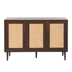 Rattan Storage Cabinet, Solid Wood Sideboard Buffet Cabinet with Natural Rattan Doors TV Stand with Storage Shelves 3 Doors for Living Room Kitchen Entryway Hallway (Walnut)