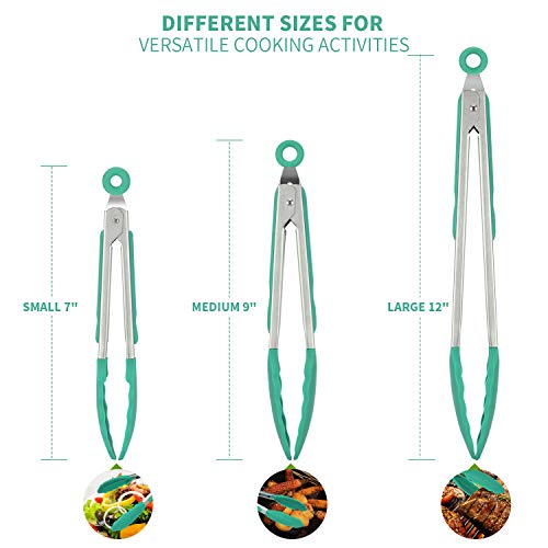 Image of Kitchen Tongs, U-Taste 7 /9 /12 inches Cooking Tongs, with 480ºF High Heat-Resistant Non-Stick Silicone Tips, 18 /8 Stainless Steel Handle, for Food Grill, Salad, BBQ, Frying, Serving, Pack of 3 (Teal)