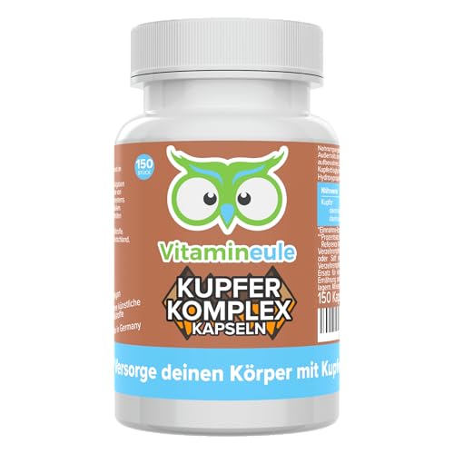 Kupfer Komplex Kapseln - hochdosiert 4 mg - bioaktiv & vegan - Kupfergluconat & Kupferbisglycinat - Produktion in Deutschland - laborgeprüft - kleine Kapseln statt Tabletten - Vitamineule®
