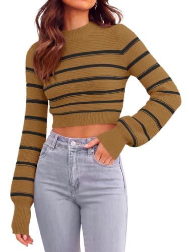 Image of Womens Sexy Crew Neck Cropped Sweaters Knit Long Sleeve Crop Tops Pullover