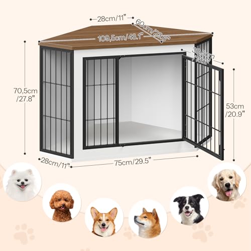 HOOBRO Corner Dog Crate Furniture, Decorative Dog Kennel End Table, Farmhouse Dog Crate TV Stand for Small and Medium Dogs, Walnut, White and Black BWH90GW03 - Image 4