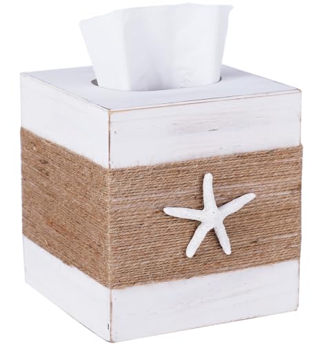 SOMTO Beach Starfish Rustic White Wood Square Tissue Box Cover with Slide-Out Bottom Panel - Farmhouse Bathroom Decor Tissue Box Holder for Living Room, Desk, Bedroom, Bathroom by SOMTO - Used condition - US$18.23