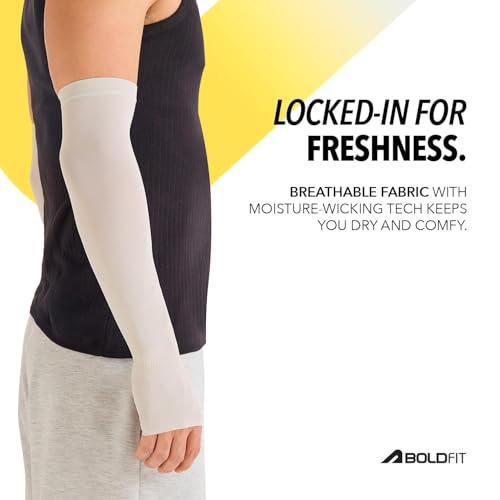 Image of Boldfit Arm Sleeves for Men & Women UV Protection Hand Sleeve with Thumb for Boys & Girls Sun Protection Cover for Running, Bike Riding, Cricket - Off-White- 2 Pair