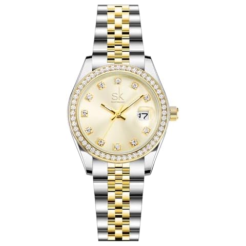 SHENGKE Women's Crystal Accented with Solid Alloy Steel Band Watch Elegant Dress Quartz Calendar Watches Cover