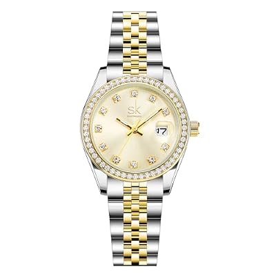 SHENGKE Donna cristallo accentato con banda in lega d'acciaio solido orologio Elegante vestito orologi al quarzo calendario per le donne (Argento-Oro)