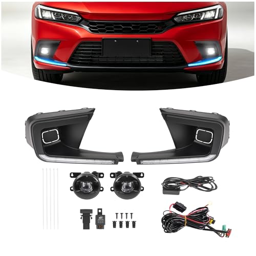 HECASA Pair LED Fog Light DRL Daytime Running Light Kit Compatible with 2022-2024 Honda Civic Sequential Turn Signal Lamp Cover Bezel w/Harness Wiring Switch Replacement for 33900T20A01,33950T20A01