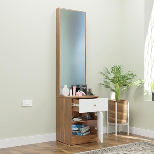 Image of VIKI | Engineered Wood Dressing Table with 1 Drawer & 1 Door, Mirror and Huge Storage Space | Vanity for Living Room, Bedroom (Brussel Walnut & Frosty White - 43.8W x 40D x 182.6H cms)