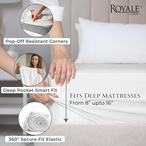 Image of Royale Linens 400 Thread Count Twin Fitted Sheet White - 100% Cotton Fitted Sheet Twin - Luxury Sateen Weave - All Around Elastic Deep Pocket - Soft & Durable Bottom Sheets - Fit Up to 16 inch (White)