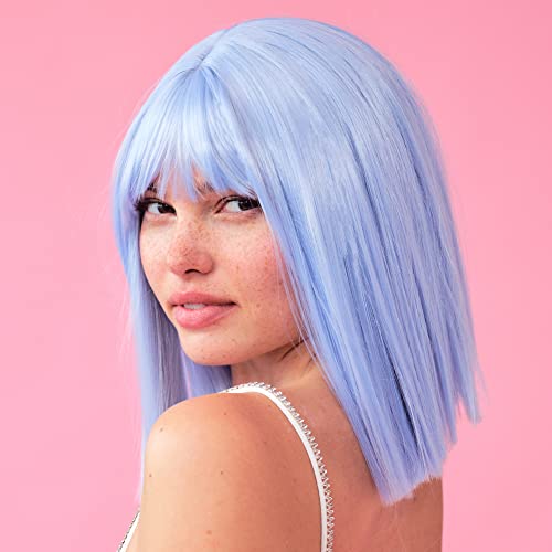 xo, Fetti Pastel Blue Wig - Women's Straight Bob Wig, Short Blunt Cut, Bangs Hair Extension, Synthetic, Cosplay, Halloween | Bachelorette Party Wig, Birthday