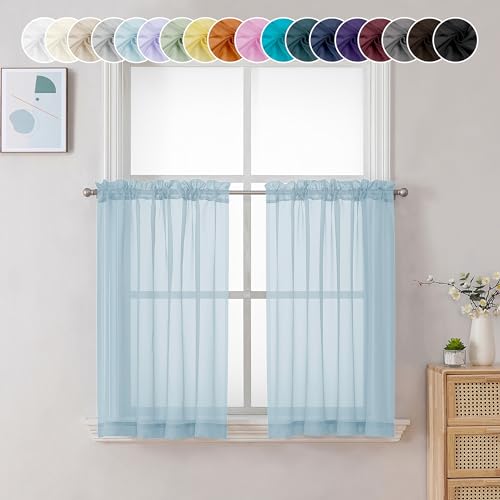 Image of Chyhomenyc Sky Blue Sheer Curtains 36 inch Length 2 Panels, Light Filtering Voile Light Blue Short Window Curtians for Bathroom Living Room Farmhouse Small Windows, 42Wx36L inches