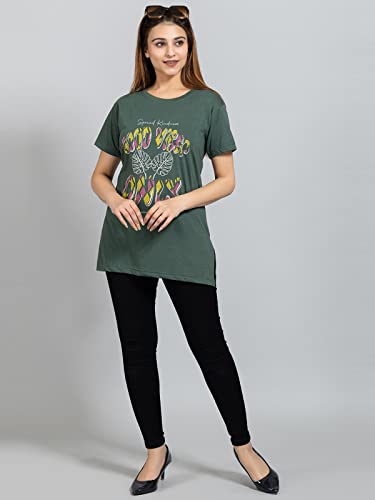 Image of Magknit Fancy Printed Both Side Cut Cotton Blend Half Sleeves and Lightwiegt Trendy Summer Long T Shirt for Women