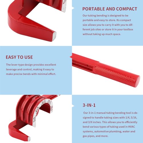 Image of Copper Tube Benders & 1Pair Gloves,3-in-1 Manual Tubing Benders for 1 /4'' 5 /16'' 3 /8'' Tubing 0-180 Degrees Heavy Duty Brake Line Bending Tool for Copper-Brass,Aluminum Pipes(RED,Size:10.24inch)