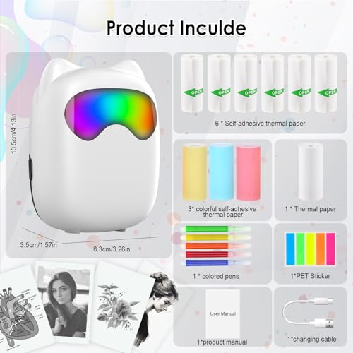 HUIJUTCHEN LED Mini Drucker, Taschendrucker, Mini Fotodrucker für Smartphone, Sticker Drucker, Thermo Fotodrucker für Memo Journal Reisen Logo Notizen Journal Liste (A)
