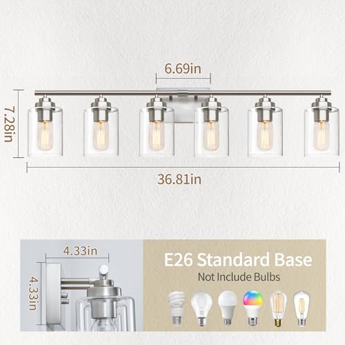 Image of SKEJAO Bathroom Vanity Light Over Mirror,Brushed Nickel 6-Light Vanity Light for Bathroom,Bathroom Light Fixture Wall Sconce Lighting for Bedroom,Living Room