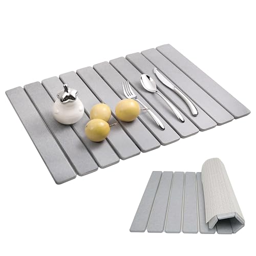 Image of Stone Dish Drying Mat for Kitchen Counter, Large Stone Eco - Friendly Diatomaceous Stone Mats, Non - Slip Collapsible Absorbable Mat for Cups Bottles Bath (Grey light, large)