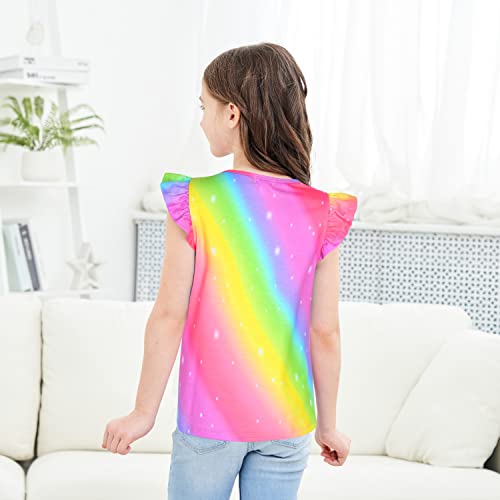 Jeskids Girls Short Sleeve Shirts Ruffle Tie-Front Print Summer Tee Tops Rainbow Neon 8-9 Years #TOP2