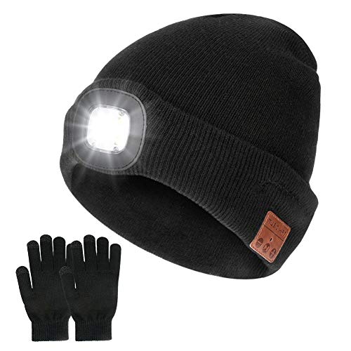Achort Gorro sem fios Bluetooth com lanterna frontal LED V5.0, luvas de ecrã tátil, recarregável por USB, gorro de música, lavável, para homens e mulheres, corrida, esqui, caminhadas, campismo, Preto