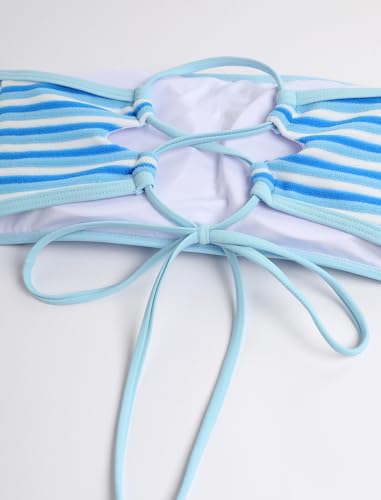 Image of ZAFUL Women Strapless Textured Bandeau Bikini 2 Piece Swimwear Cheeky Solid Lace up Bathing Suits