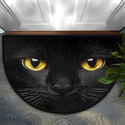 AUUXVA Black Cat Animal Eyes Half Round Door Mat Indoor Entrance, Cat Kitten Non Slip Absorbent Doormats, 24 x 36 Wear Resistant Semi Circle Floor Mats Area Rugs for Home Kitchen Patio