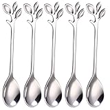 5 Stück kaffeelöffel Set, Mini Löffel Edelstahl Teelöffel, Eisdessertlöffel Blattform Grifflöffel Kreativer Löffel für Cocktail Geschirr, Party, Kaffee, Tee, Obst, Silber