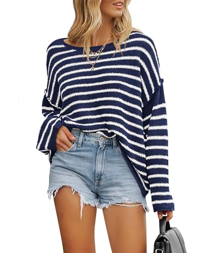 BTFBM Women's Striped Knit Sweaters 2025 Spring Fall Boat Neck Off Shoulder Long Sleeve Oversized Casual Pullover Tops