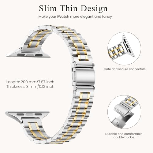 Image of STIROLL Thin Replacement Band Compatible for Apple Watch 38mm 40mm 41mm 42mm(Series 11 10), Stainless Steel Metal Wristband Women Men for iWatch Ultra SE Series 9 8 7 6 5 4 3 2 1, Silver Gold