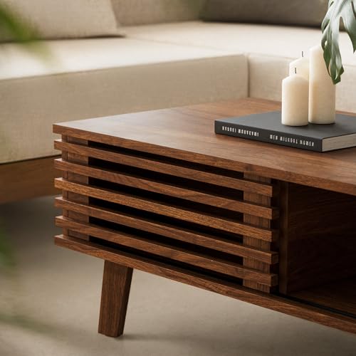 Mid Century Coffee Table with Storage & Sliding Fence Door, Modern Coffee Tables for Living Room, Walnut Finish - Image 5