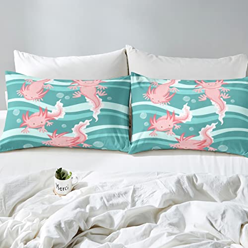 Cartoon Axolotl Duvet Cover Kawaii Axolotl Bedding Set Green 3D Animals Comforter Cover for Boys Girls Children Teens Salamander Bedspread Cover King Size - Image 4
