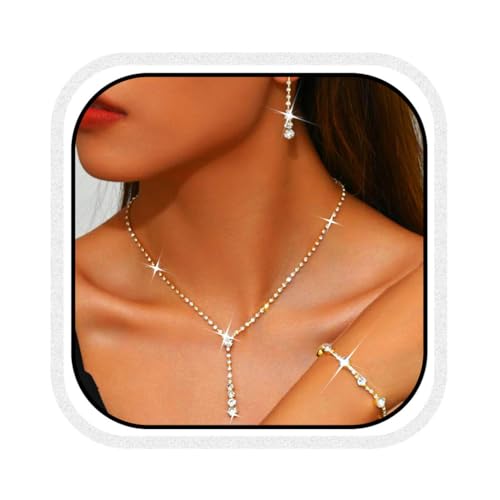 Unicra Conjunto de joyas de novia de plata con diamantes de imitación, collar y pendientes de boda, juego de pulsera de cristal formal para mujeres y novias, talla única, Acero aleado, No es una