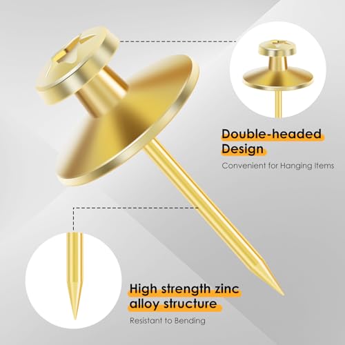 Image of Double Headed Picture Hanging Nails, 60 Pack Small Head Hanging Nails, Picture Photo Hanging Hook Pins Decorative Nail Hook Hangers for Home Office School (Gold)