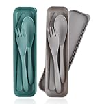 CUNTAUK 2-Pack Portable Cutlery Set, Reusable Plastic Forks, Spoons, Knives with Case, Gray Green, Travel, Picnic, Camping, Outdoor, School Lunch Box, Daily Use
