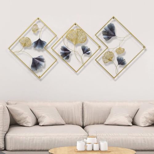 Metall Ginkgo Wandkunst 3 Stück Dekorative Wanddekoration für Wohnzimmer Schlafzimmer Elegante Wohndeko
