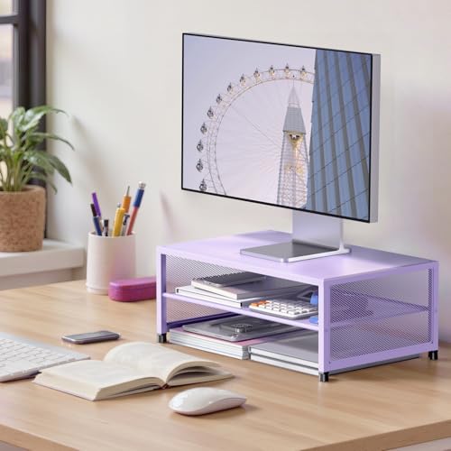 Image of ECOLOVI 2-Tier Computer Monitor Stand Riser, Printer & Laptop Stand, Office Desk Accessories, Workspace Desk Organizer for Home Office Supplies, Purple