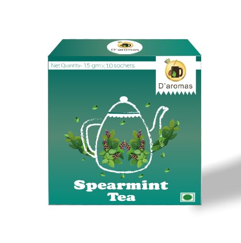 D'aromas Spearmint Tea Bags | Pure spearmint Infusion | Cool & Refreshing Mint Flavor | Soothing Aroma | 10 Tea Bags (1.5g Each) | D'aromas Herbal Tea