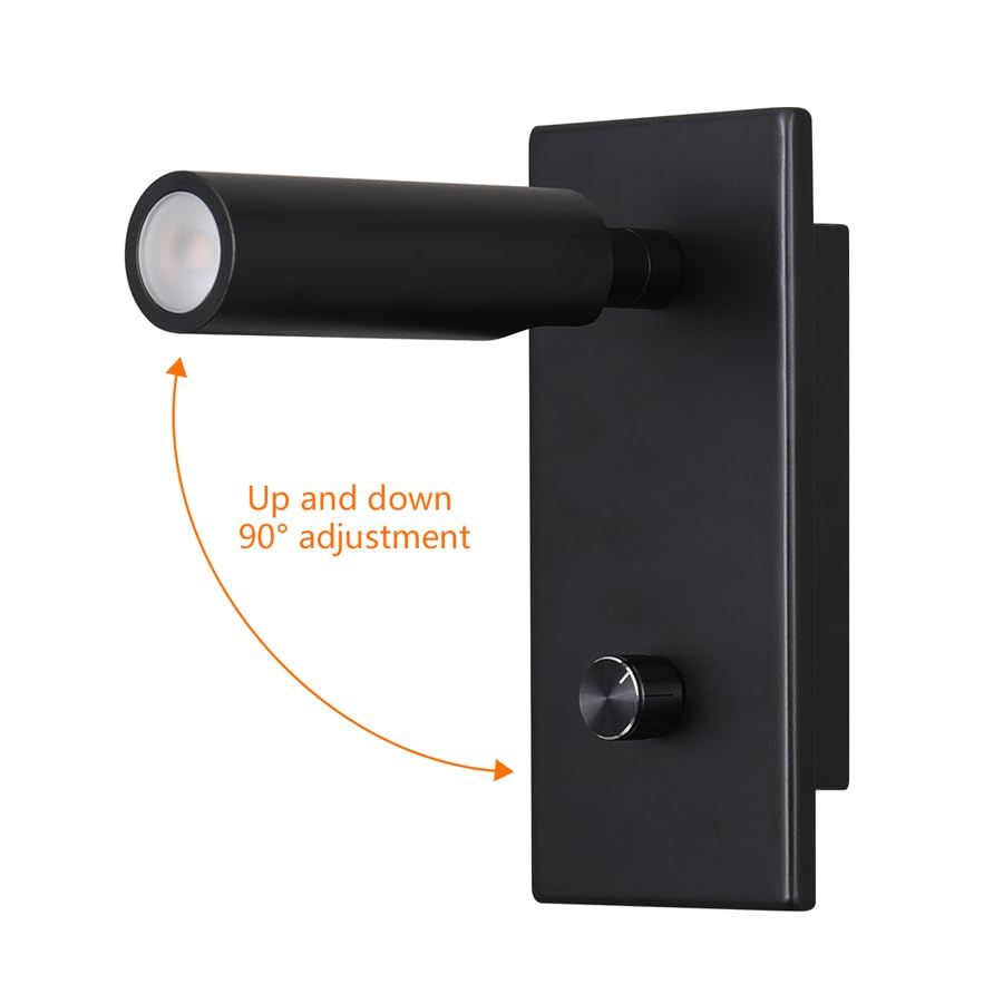 LED Wandleuchte, 5W Warmweiß, Dimmbar mit Drehknopf, Einbaumontage, Matte Schwarz, Leselampe fürs Schlafzimmer