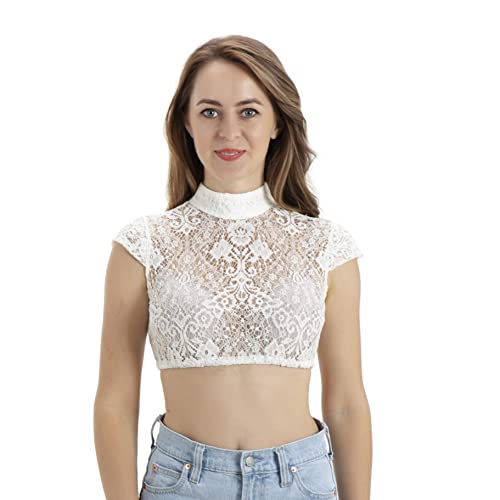 Kelliar Damen Dirndlbluse Spitze Hochgeschlosse Klassisch Trachtenbluse Kurzarm für Oktoberfest Transparent Bequem und Weich,Weiß,Größe 36