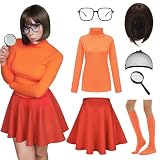 7PC Velma Halloween Costume Set for Women, Brown Bob Wig, Red Skirt, Orange Top, Magnifying Glass, Socks, Glasses, Wig Cap