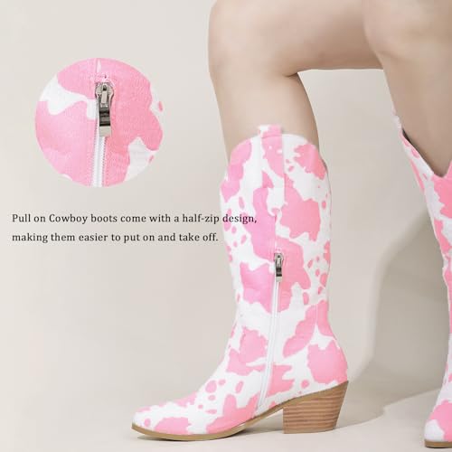 Image of Cozivwaiy Women Mid Calf Cowboy Boots Chunky Heel Half Boot Cow Print Western Boots Plus size (US 4-12.5)