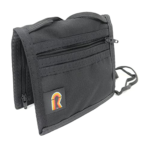 Bifold Neck ID Wallet – USA Made, Lightweight, Water-Resistant Travel Wallet with Adjustable Neckstrap, Zipper Pockets, and Clear Windows for Cards & IDs (Black)