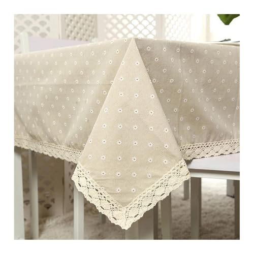 Tischdecke Abwaschbar Weiß, Baumwollpolyester Tischdecke Outdoor Gänseblümchen Mit Spitze Abwaschbare Tischdecke Rechteck 140x220CM