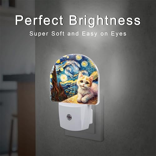 Image of Starry Night and Cute Cat Night Light for Kids, Abstract Oil Painting Plug in Night Light with Dusk to Dawn Sensor, 0.5w Energy Saving Nightlight for Hallway Stairway Kitchen Bedroom