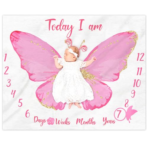 Image of Gicoherero Butterfly Baby Milestone Blanket Baby Girl Watercolor Monthly Blanket Age Photo Props Soft Fleece Blankets Milestone Newborn Baby Gift Idea Photography Backdrop