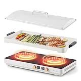 2 Burner Induction Cooktop with Removable Iron Cast Griddle Pan Non-stick, Olayks 1800W Double Portable Induction Hot Plate with Dual Independent Temperature Control Options, 99 Min Timer