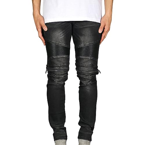 Jeans droits plissés homme cyclisme slim en denim lavé avec zip et entrejambe ajustable