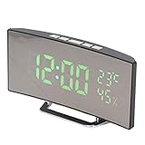AYNEFY LED Digital Clock, 3 Level Brightness 12H 24H Desktop Electronic Alarm Clock Auto Dimming Large Font Mirror Alarm Clock with Temp Humidity Display for Office Home(Green Light)