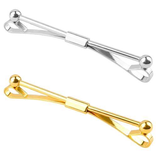 2 Pack Tie Clip & Collar Bar Set for Men - Gold & Silver Necktie Bar Pinch Clip with Tone, Business Tie Pins Collar Holder with Shirt Collar Chain for Wedding, Party, Office & Formal Events