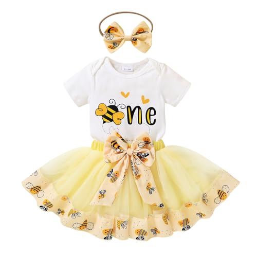 HAPPYMA Baby Girls One 1st Birthday Outfit Bee Sunflower Romper Tulle Tutu Skirt Sequin Bow Party Clothes Set（White Bee&A,12-18 Months）