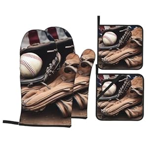 Baseball Equipment Oven Mitts and Pot Holders Sets of 4 Heat Resistant Non Slip Oven Gloves and Hot Pads Waterproof Cooking Mitts for Kitchen Baking Grilling BBQ