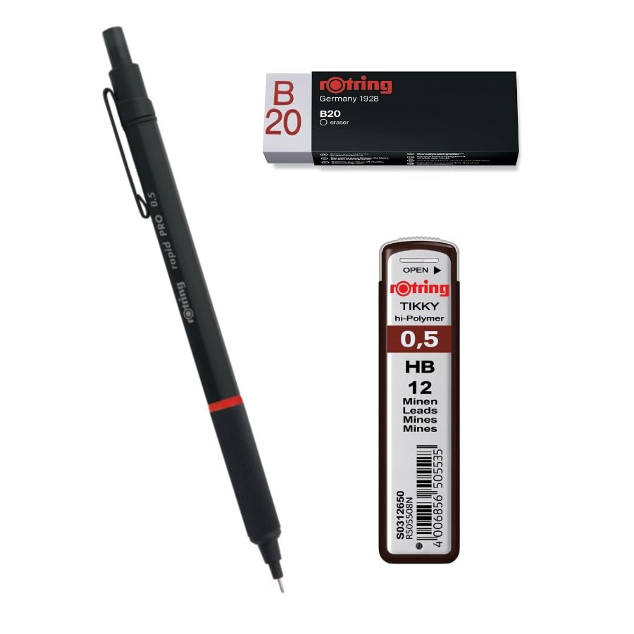rOtring Rapid Pro - Lápiz Rapid Pro de 0,5 mm, color negro, juego de recambios de minas de alto polímero, 0,5 mm, HB y borrador B20