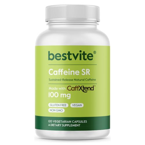 BESTVITE Caffeine 100mg SR (120 Vegetarian Capsules) - Sustained Release Caffeine Pills - Vegan - Non GMO - Gluten Free - Natural Caffeine Pills